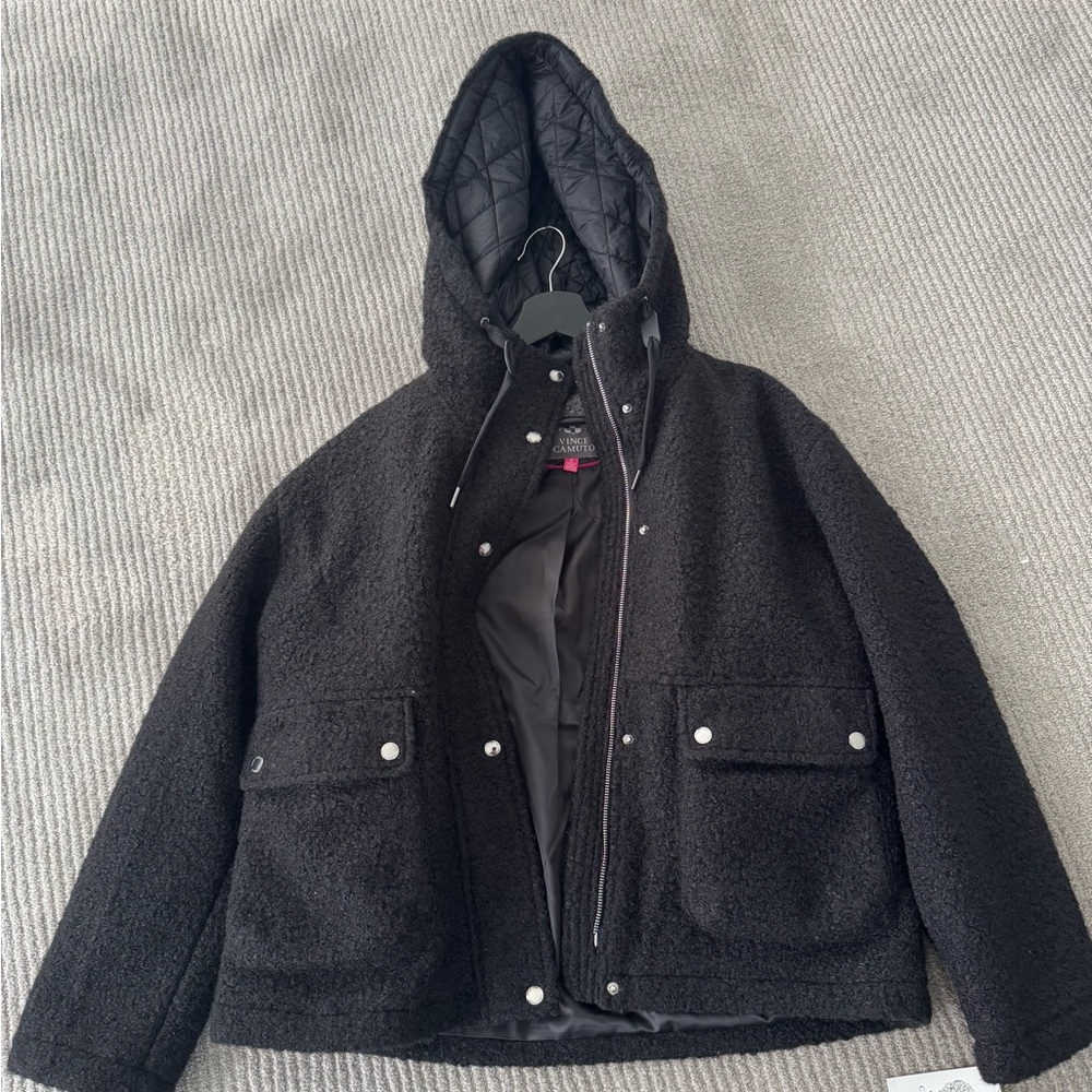 Vince Camuto Black Hooded Boucle Jacket